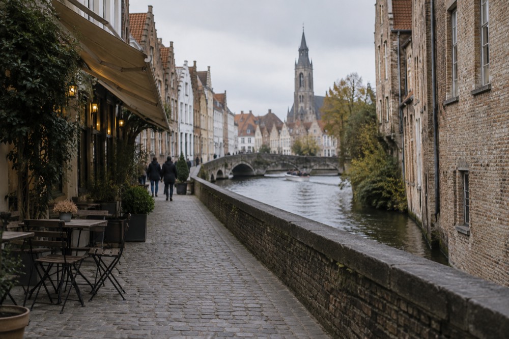 Low winter sun across the rooftops near Bruges