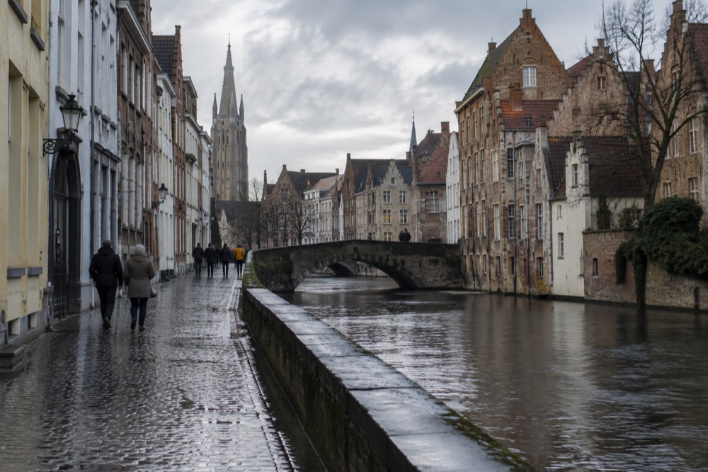 The approach to Bruges, with bicycles leaning against the railings