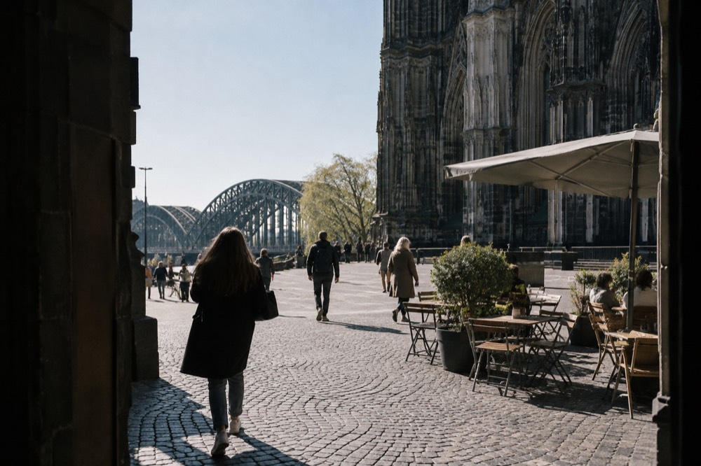 A narrow side street leading away from Cologne