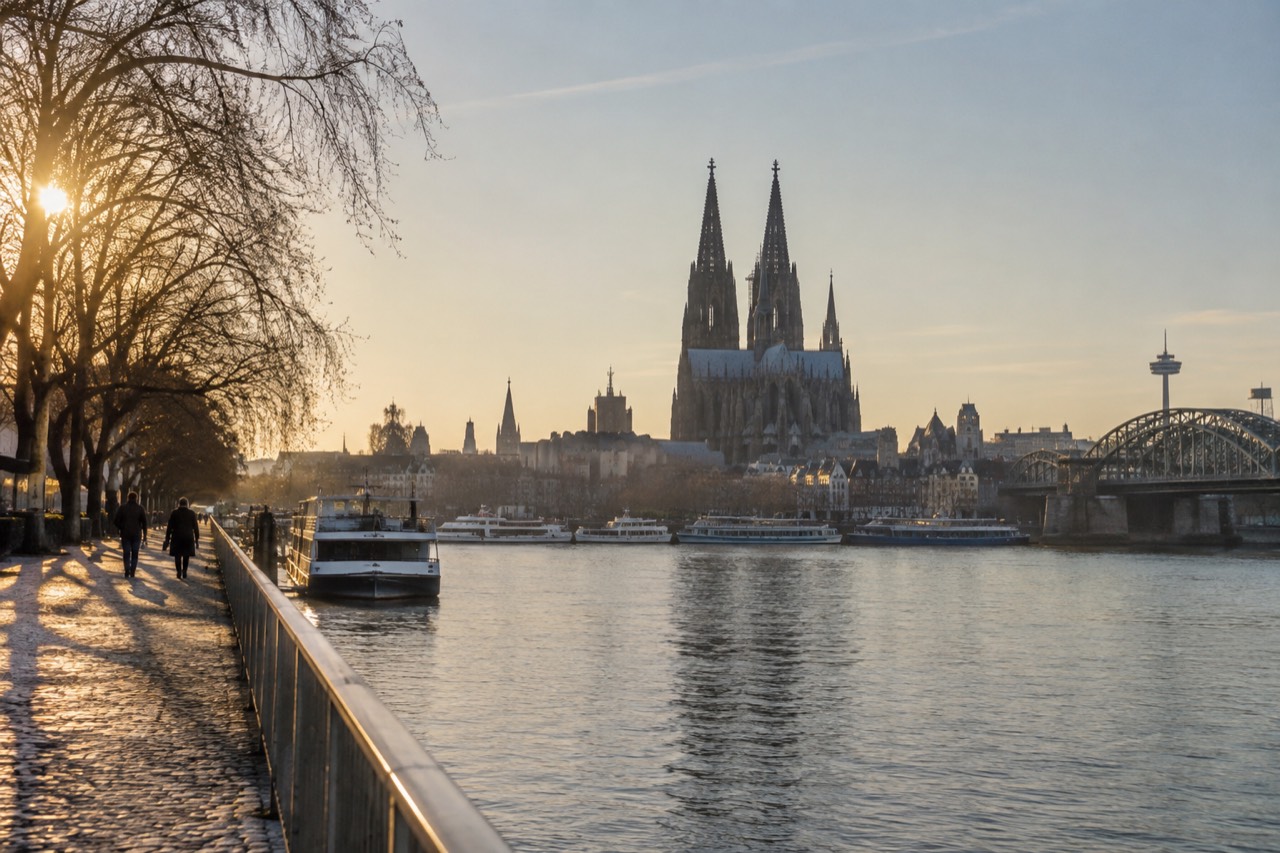 Cologne Cathedral rising above the Rhine waterfront with river boats moored along the opposite bank