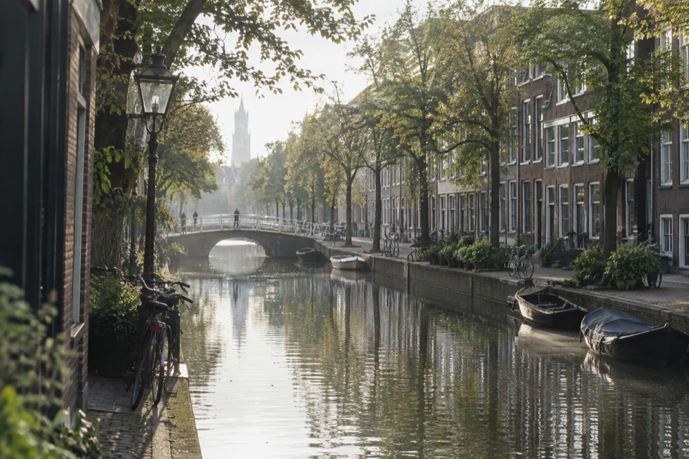 Delft canal in late afternoon with trees along the water and brick merchant houses