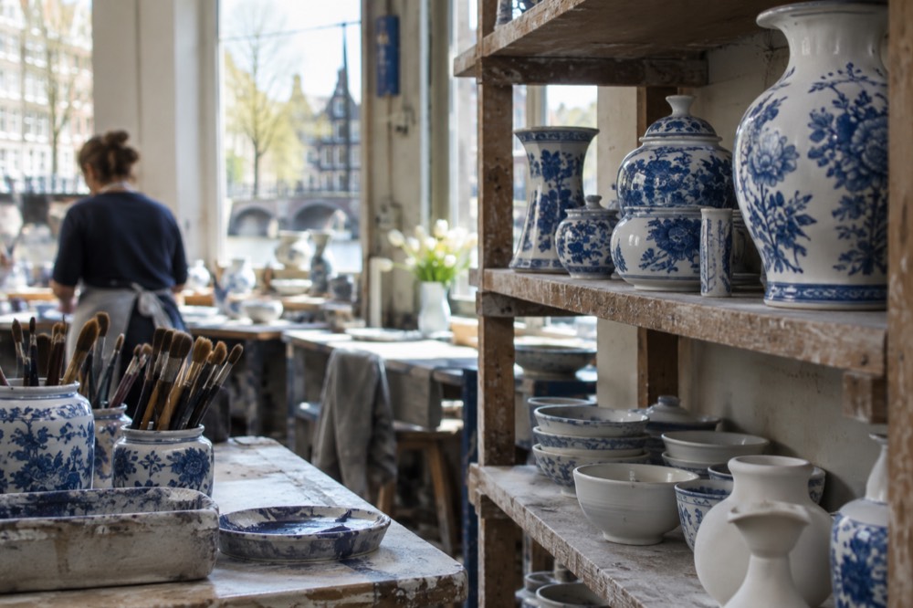 Shelf of blue and white painted pottery in a Delft workshop with brushes and glazed pieces