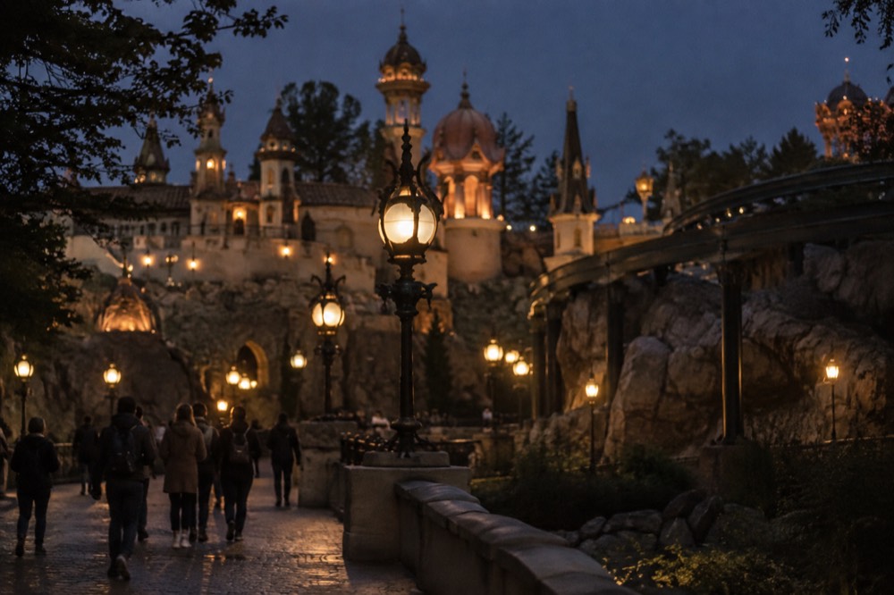 People walking past Efteling, seen from across the street