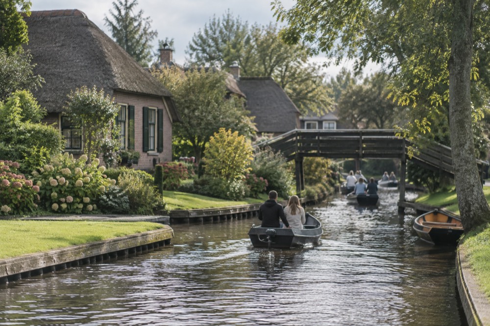 Late afternoon light on the buildings around Giethoorn