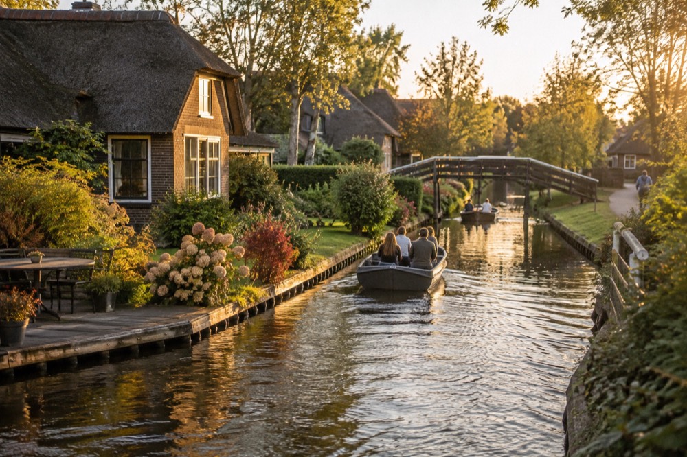 The approach to Giethoorn, with bicycles leaning against the railings