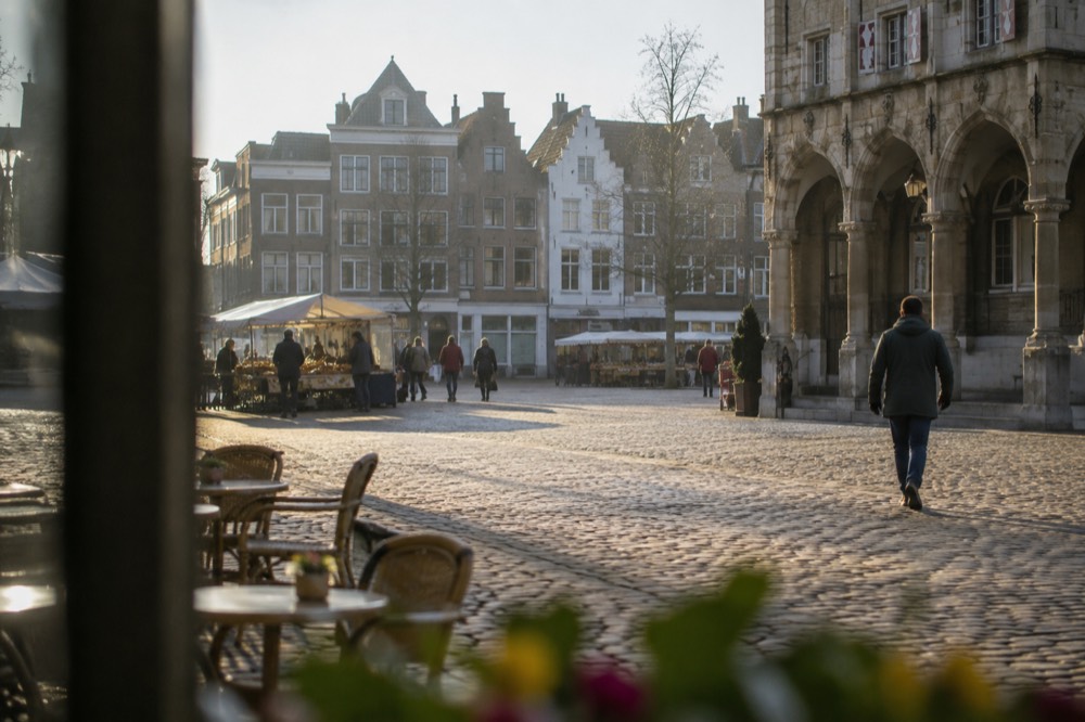 A street-level view of Gouda on an ordinary weekday morning