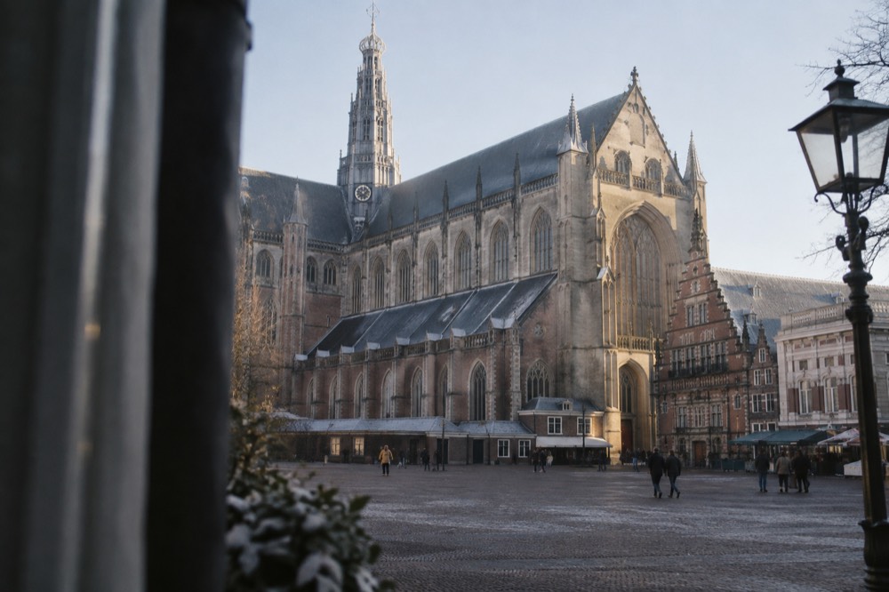 The Grote Kerk on Haarlem's market square seen across the open paving