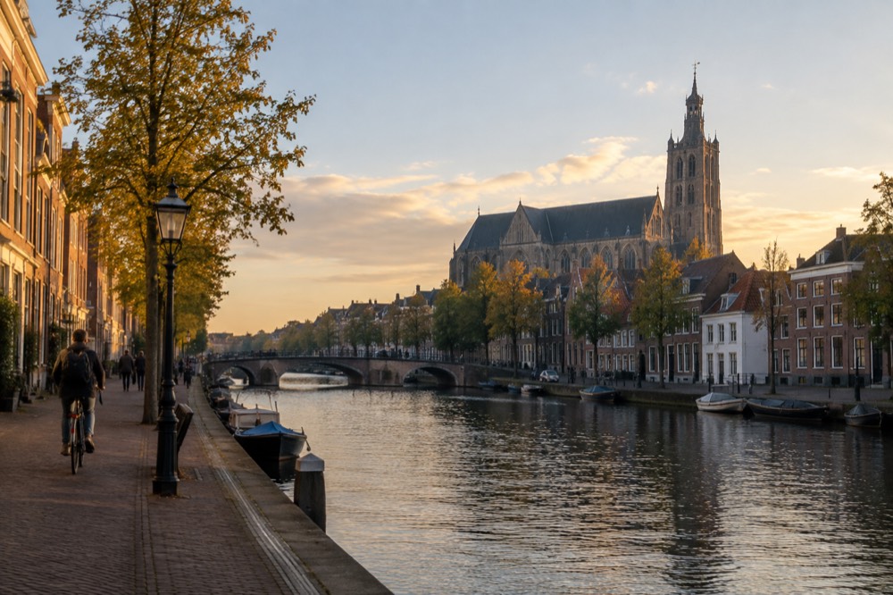 A canal bridge and moored boats close to Haarlem
