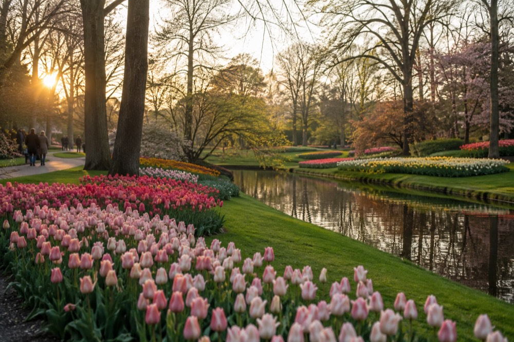 The approach to Keukenhof, with bicycles leaning against the railings