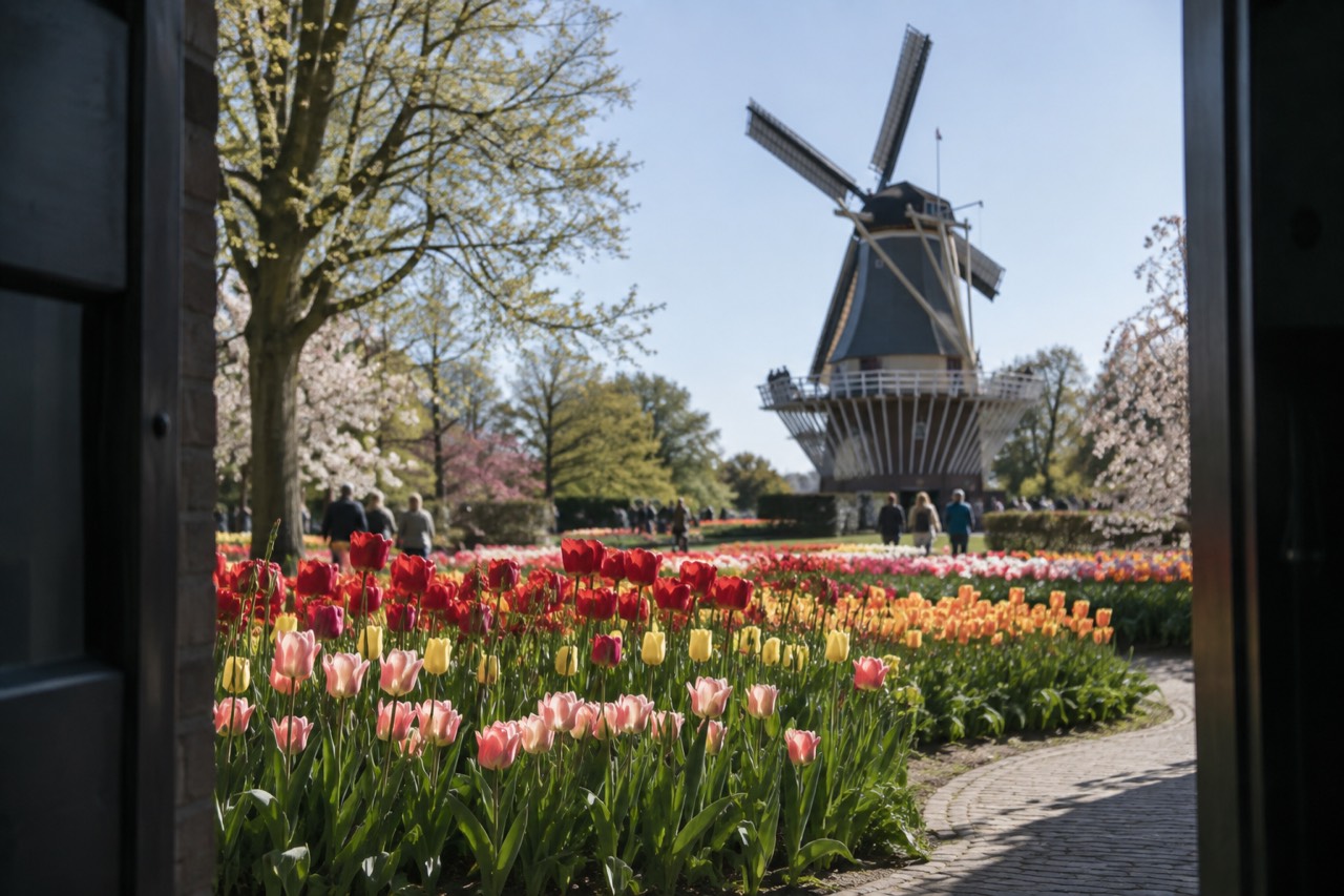 Rows of tulips in bloom in front of Keukenhof's historic windmill under a clear sky