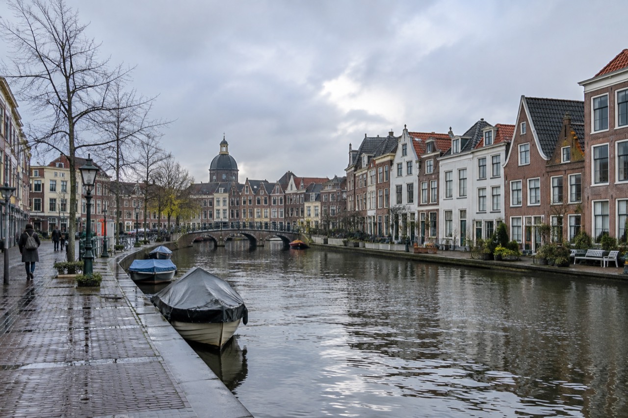 Canals and gabled houses along the water in the historic centre of Leiden