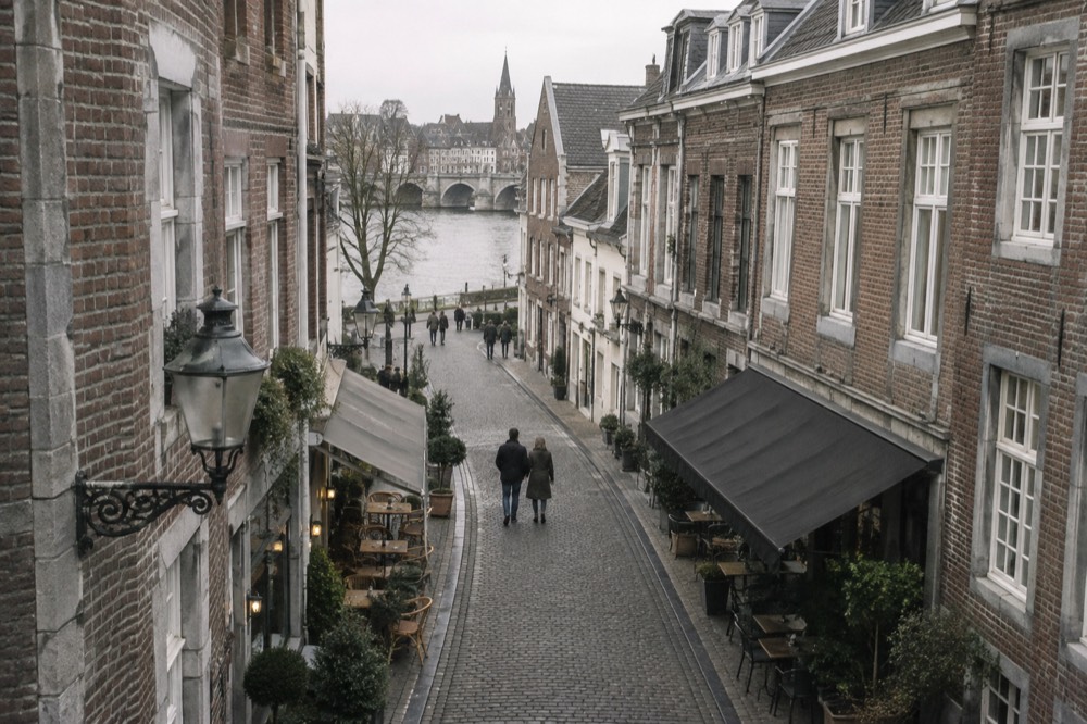 Cobblestone street in Maastricht lined with brick townhouses and cafe awnings