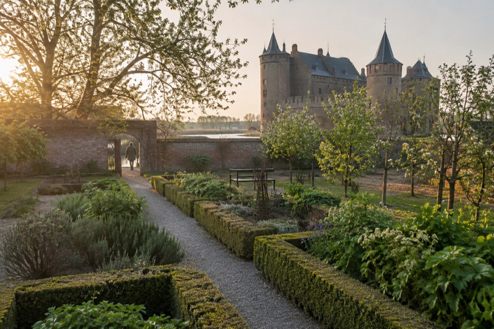 A castle garden with geometric herb beds and an orchard inside low brick walls