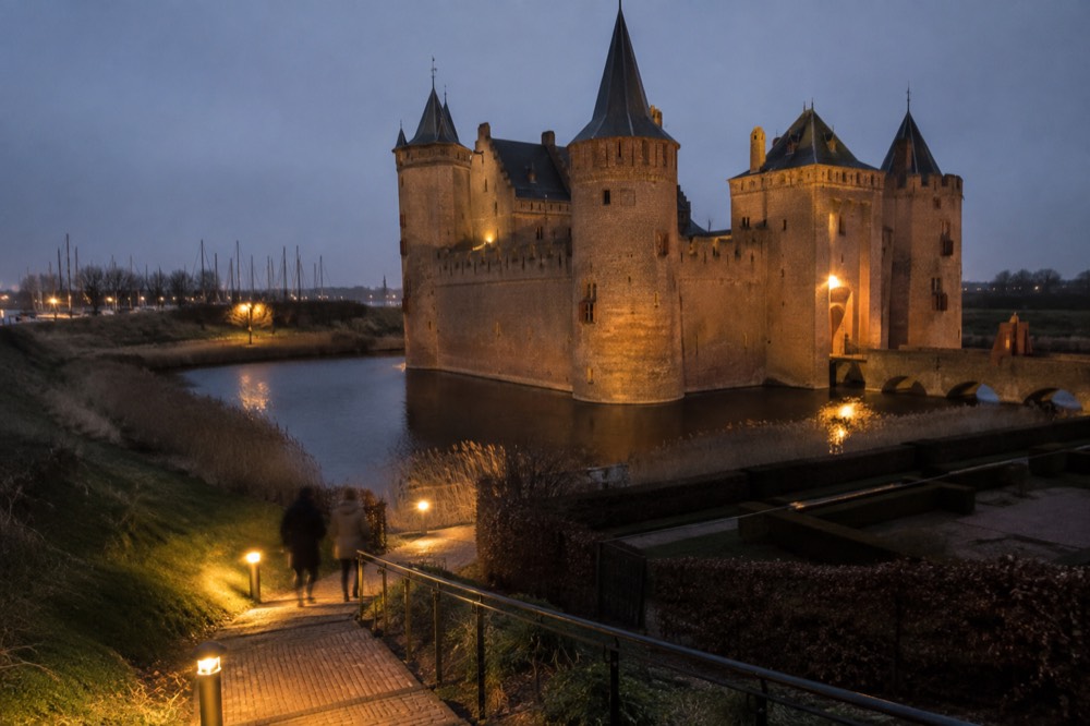 Brick facades and a quiet canal edge beside Muiderslot