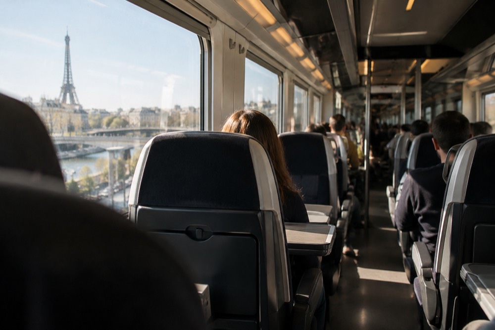 Interior of a modern high-speed train with rows of seats and large windows