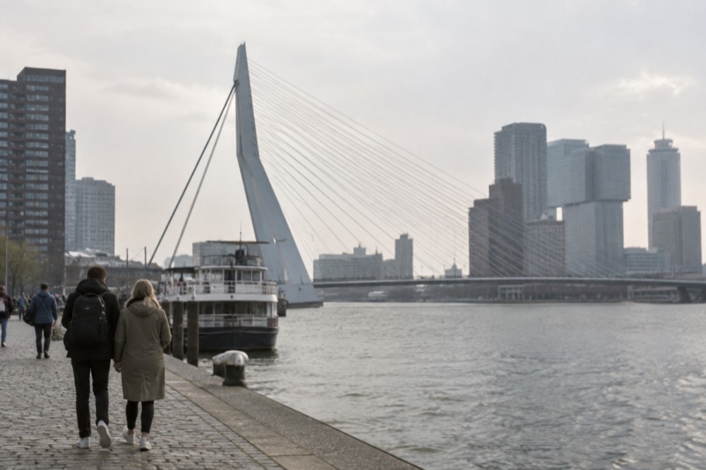 The waterfront near Rotterdam under a broad grey northern sky