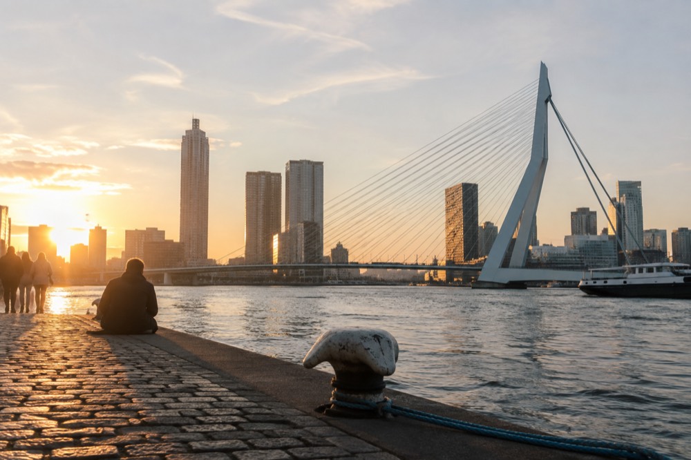 A canal bridge and moored boats close to Rotterdam