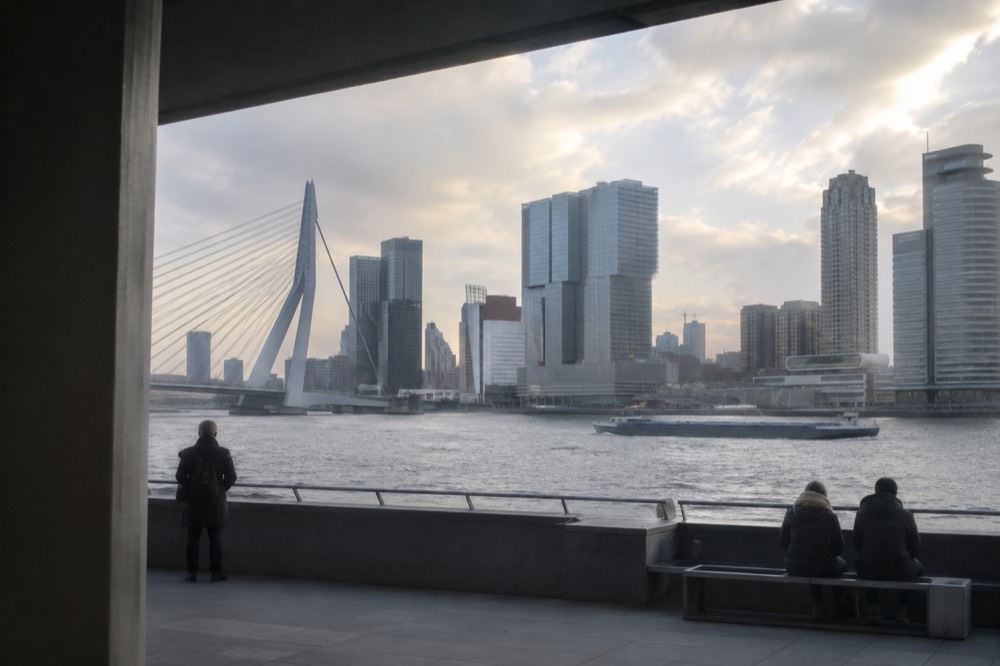The approach to Rotterdam, with bicycles leaning against the railings