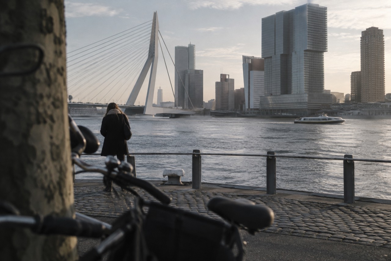 Modern skyline of Rotterdam seen across the Maas river with the Erasmus Bridge