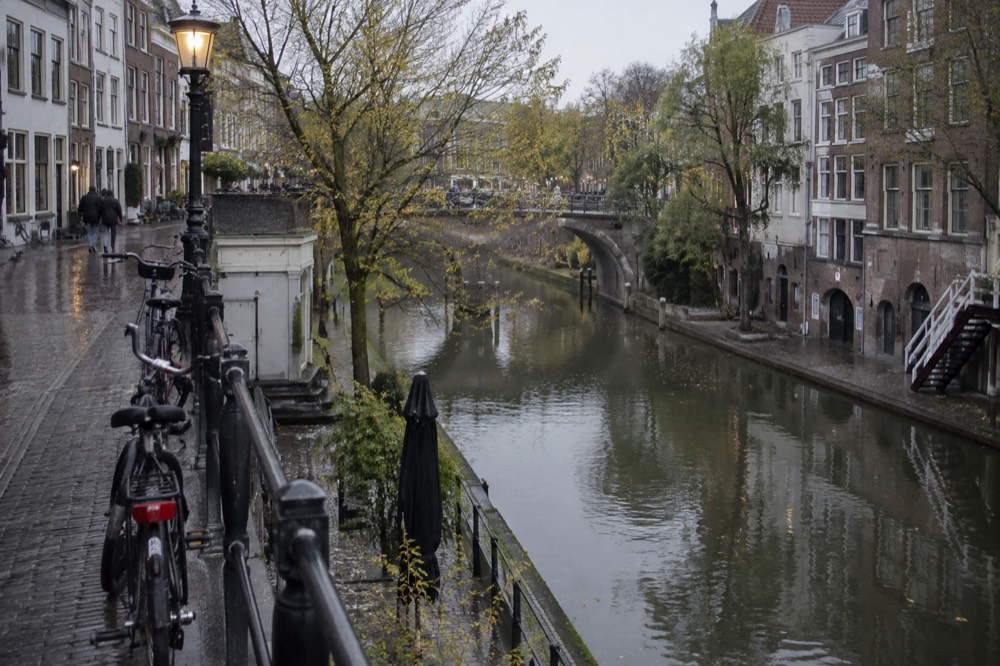 A canal bridge and moored boats close to Utrecht