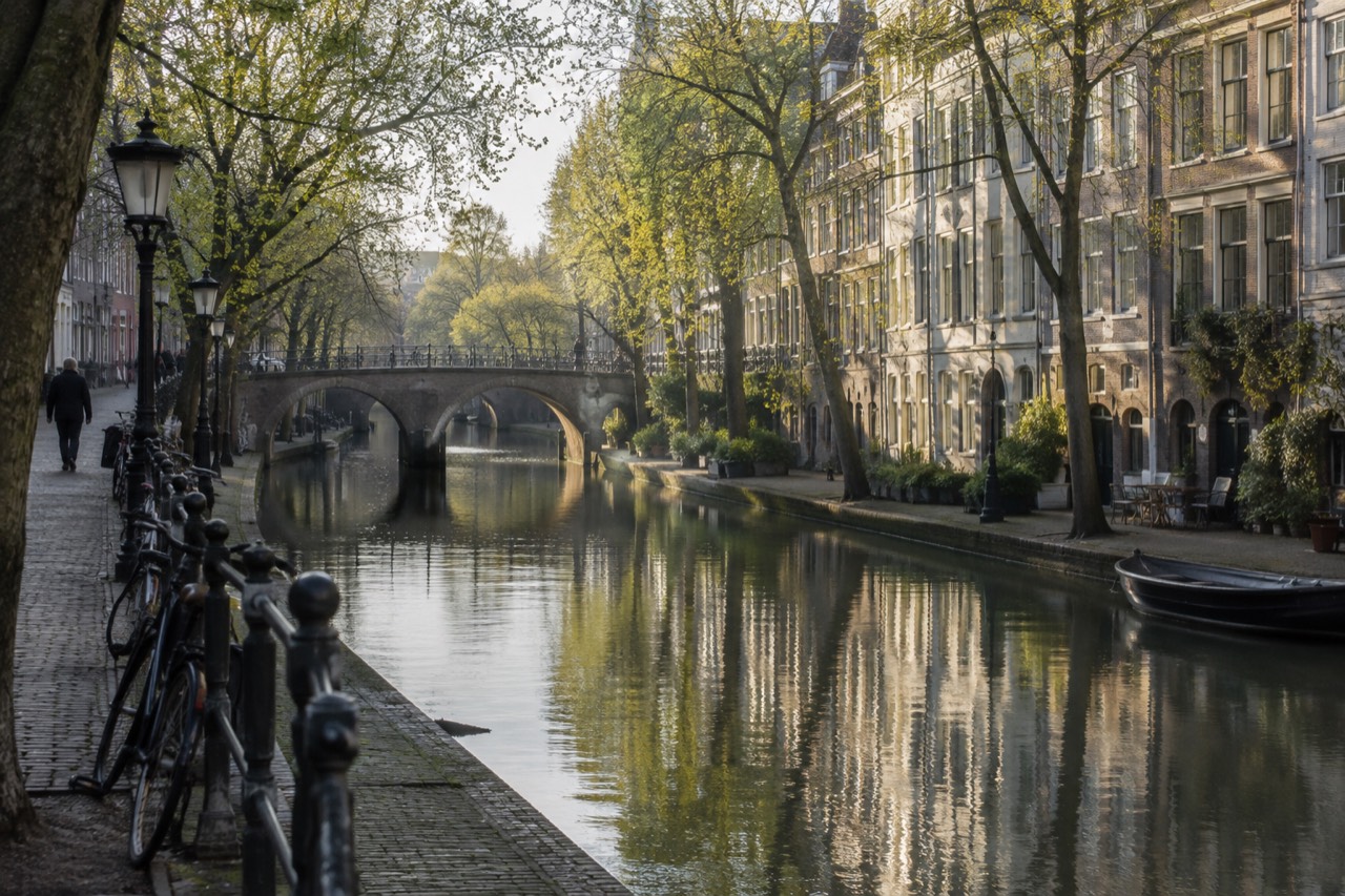 The Oudegracht canal in Utrecht lined with trees and old brick buildings