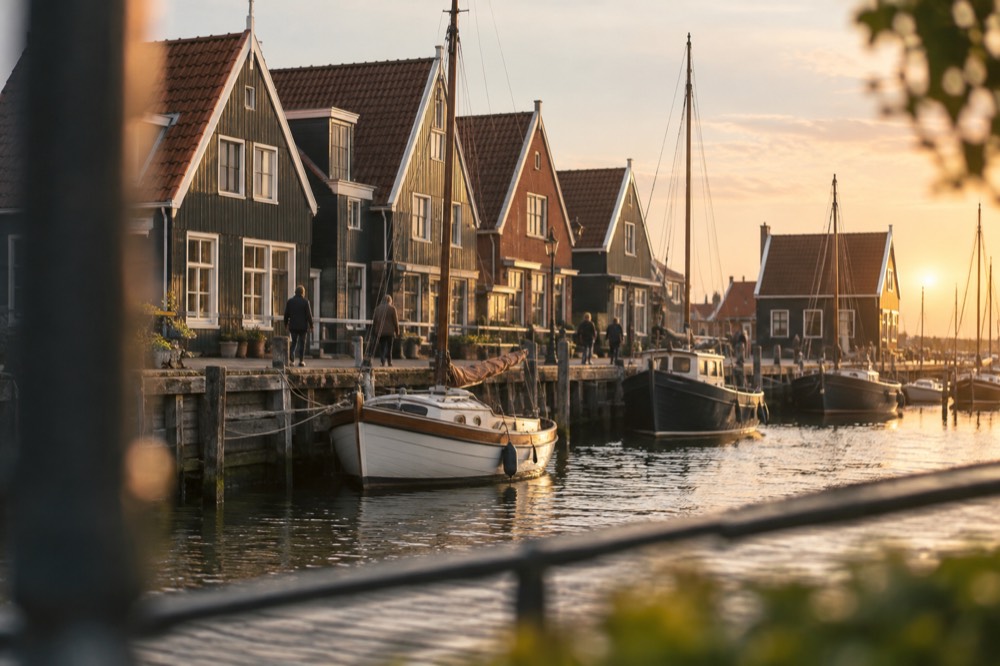 Traditional wooden houses beside a village harbour with small boats at a wooden quay