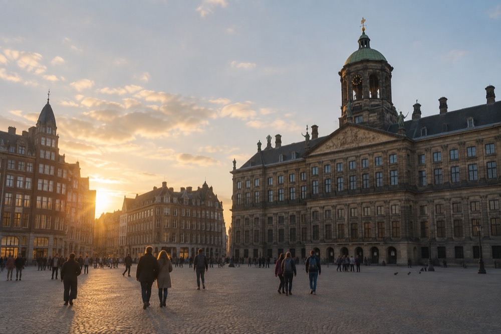 A canal bridge and moored boats close to Dam Square