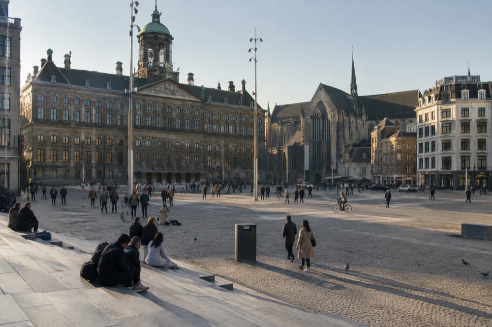 A canal bridge and moored boats close to Dam Square