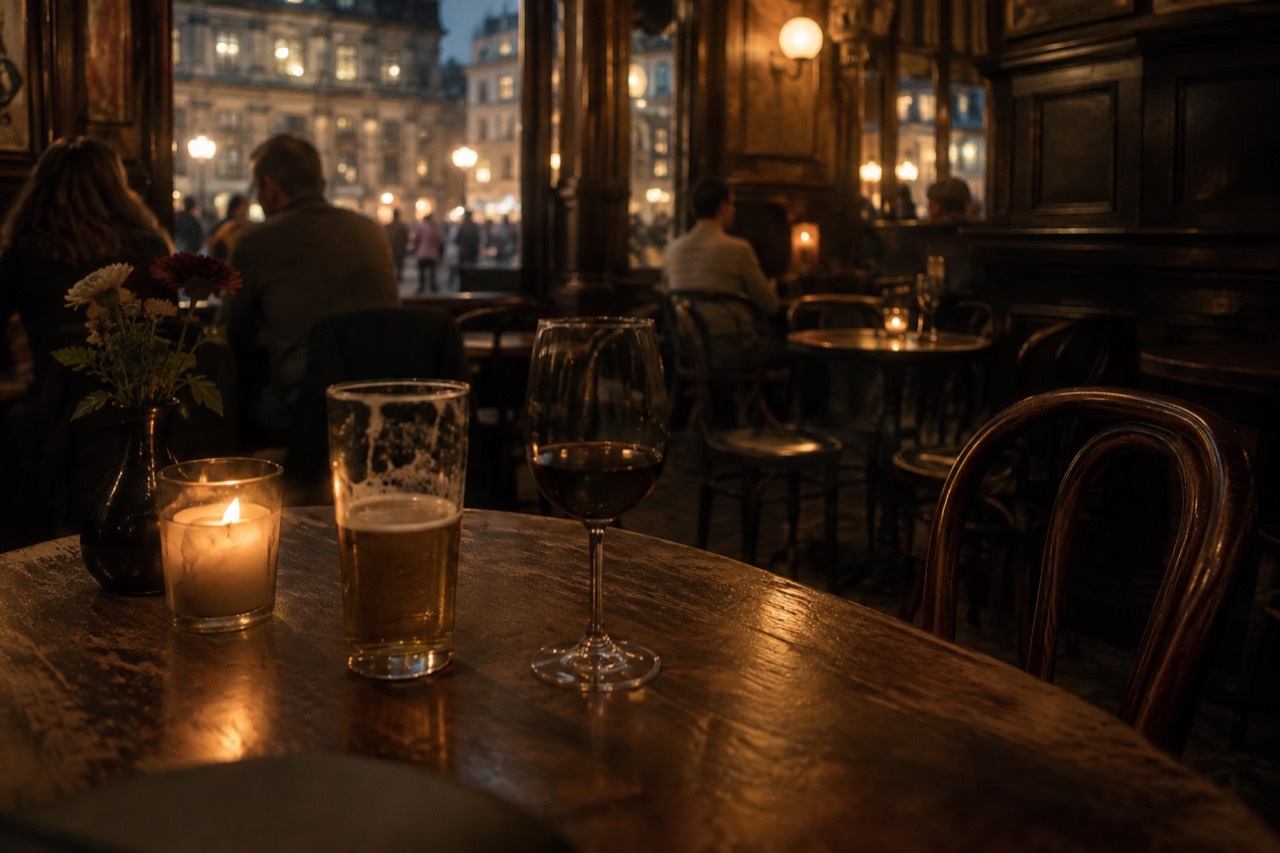 A dimly lit traditional Amsterdam café interior with dark wooden panelling and small tables