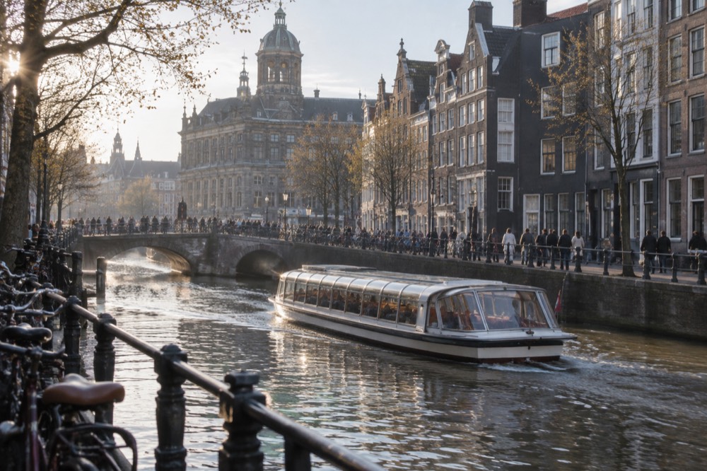 A quiet corner of Dam Square with trees overhanging the water