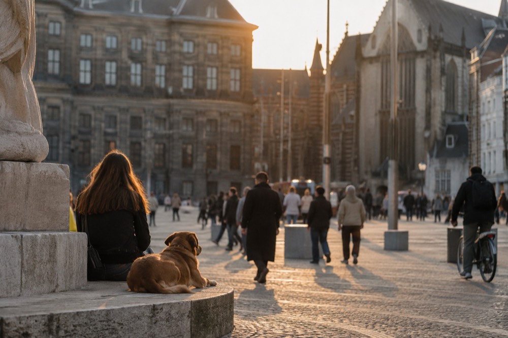 A street-level view of Dam Square on an ordinary weekday morning