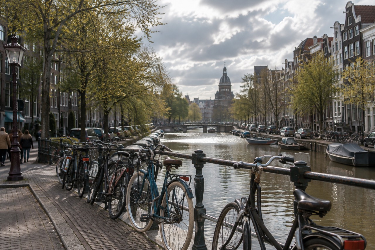 A canal-side street in the Amsterdam city centre with bicycles parked against a bridge railing.