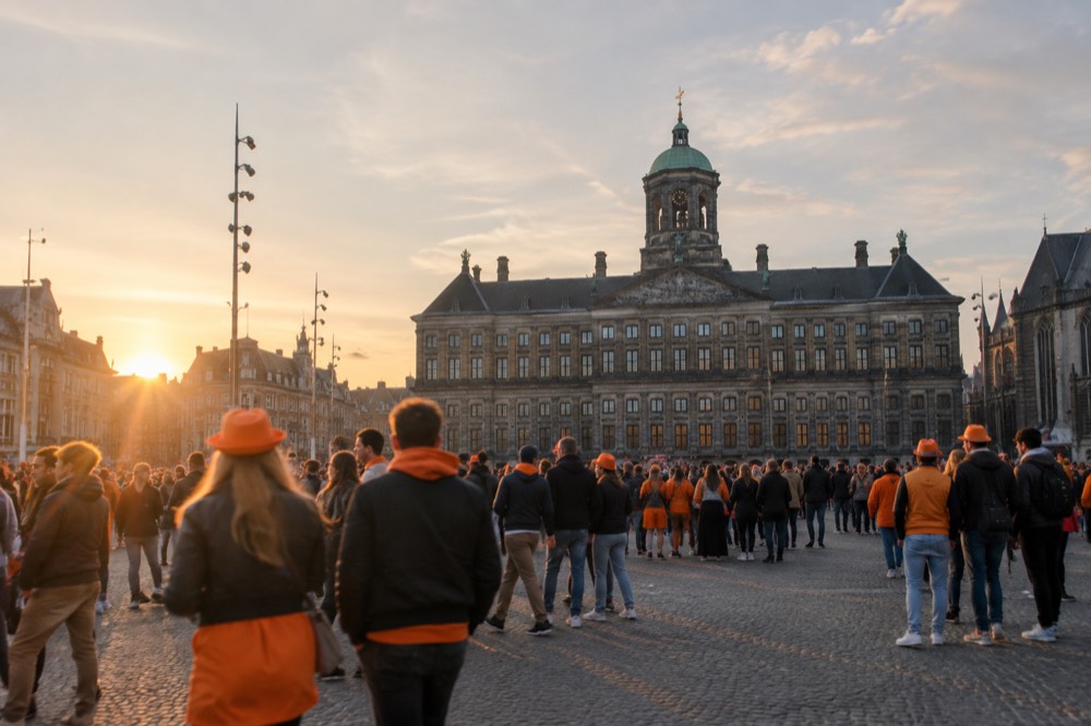 A quiet corner of Dam Square with trees overhanging the water