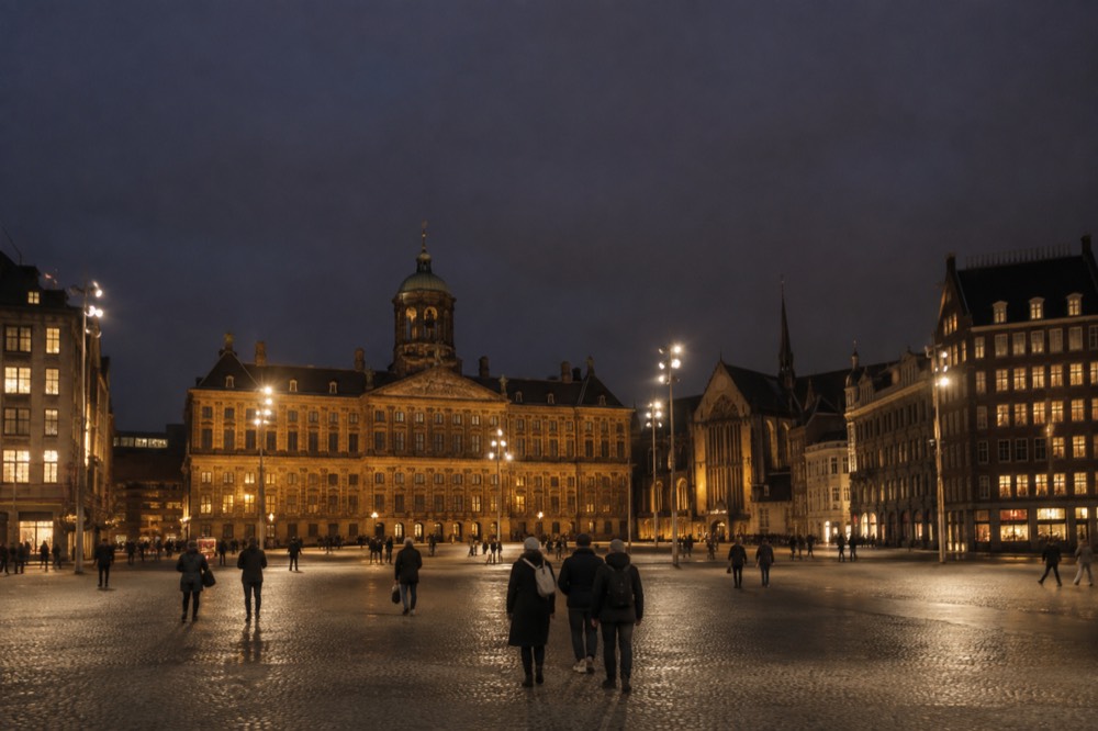 Low winter sun across the rooftops near Dam Square