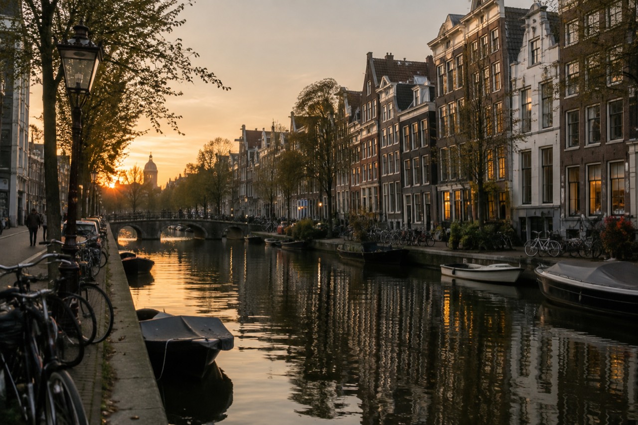 A quiet canal in Amsterdam at dusk with narrow houses reflected in the water