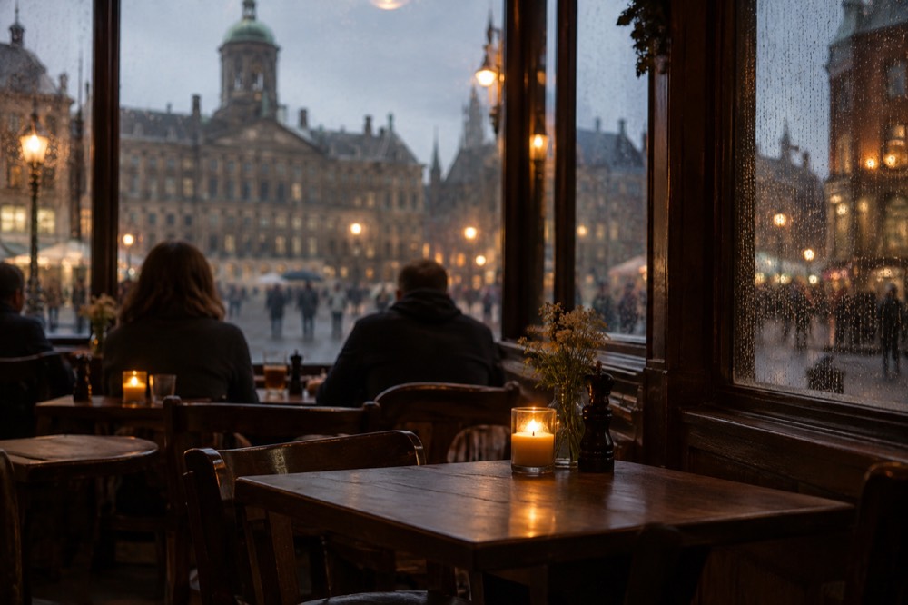 A candlelit brown café interior with wooden tables and rain-streaked windows at dusk