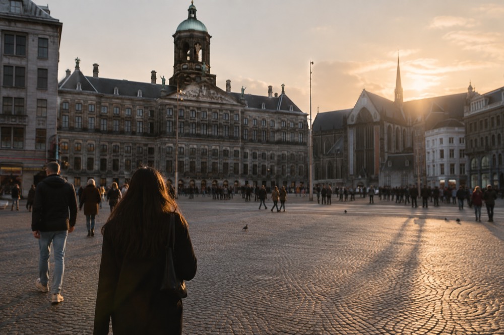 The waterfront near Dam Square under a broad grey northern sky