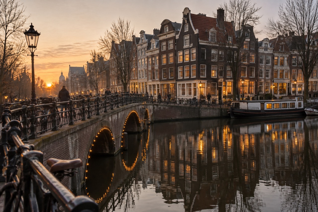 Festively lit canal houses reflected in still winter water in Amsterdam