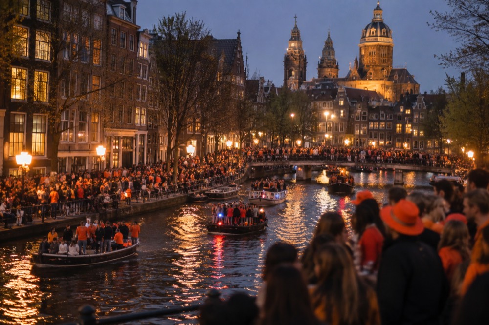 Crowds in orange clothing celebrating King's Day along an Amsterdam canal