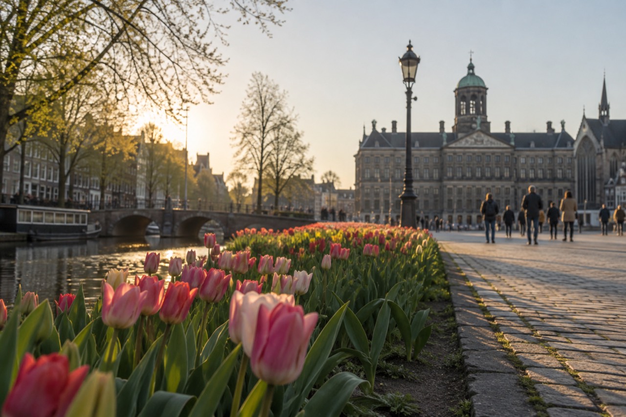 Tulip fields in bloom beside a canal path near Amsterdam