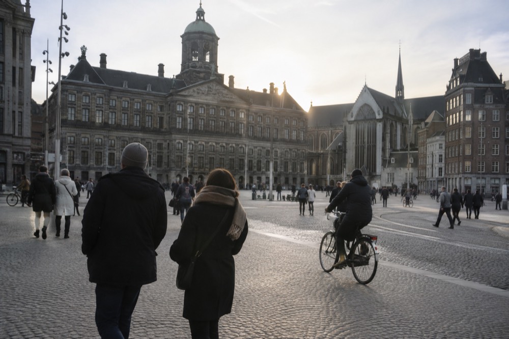 Brick facades and a quiet canal edge beside Dam Square