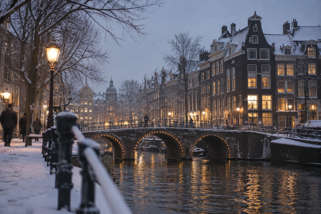 Amsterdam canal houses and a bridge dusted with snow under a grey winter sky