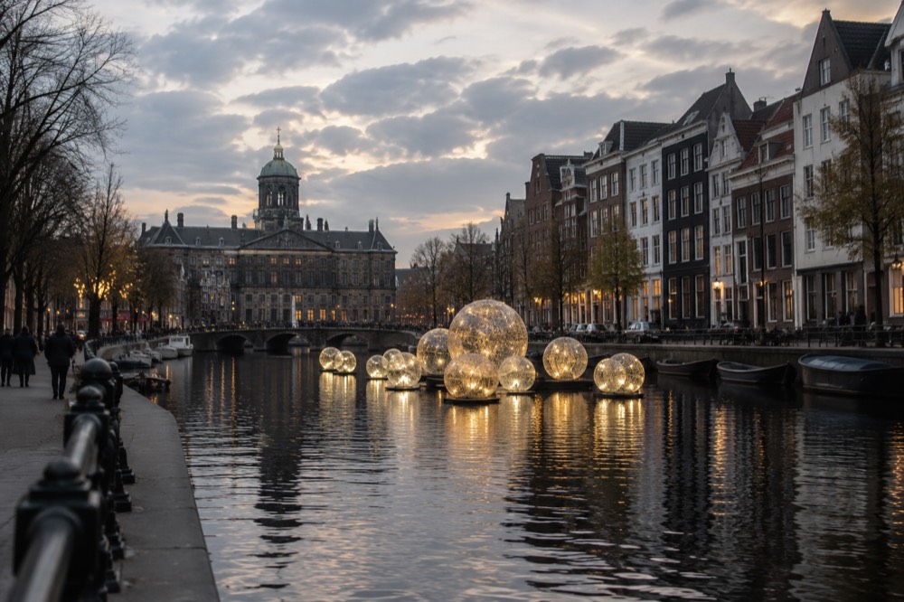 A glowing light art installation on a dark canal reflecting between historic buildings