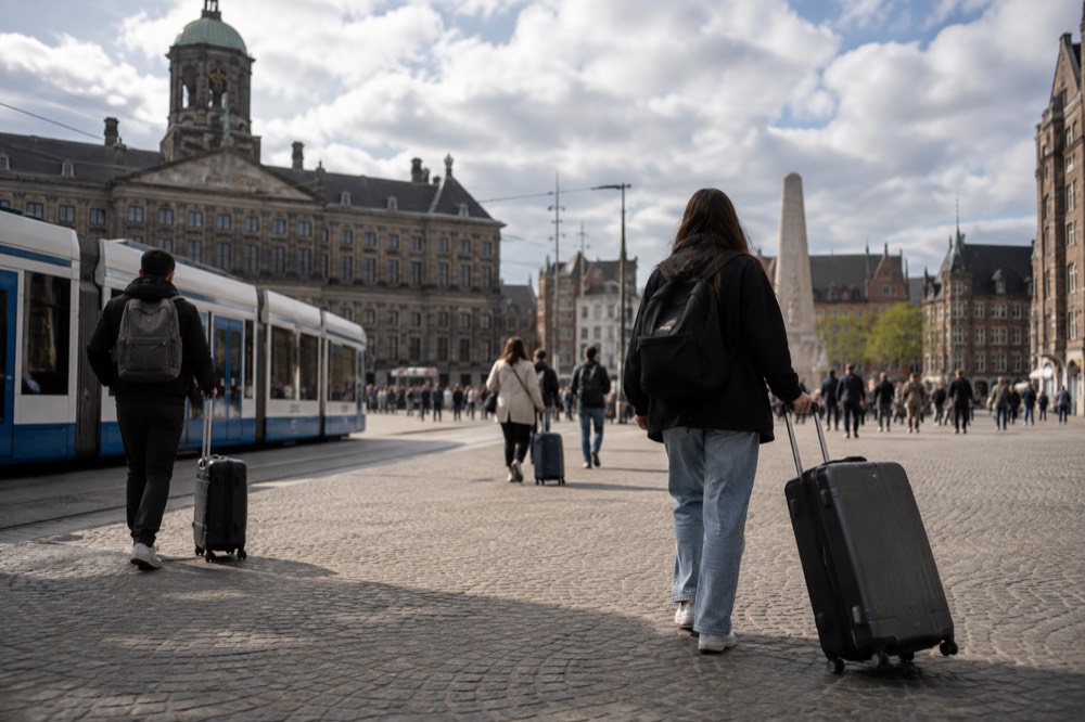 The waterfront near Dam Square under a broad grey northern sky