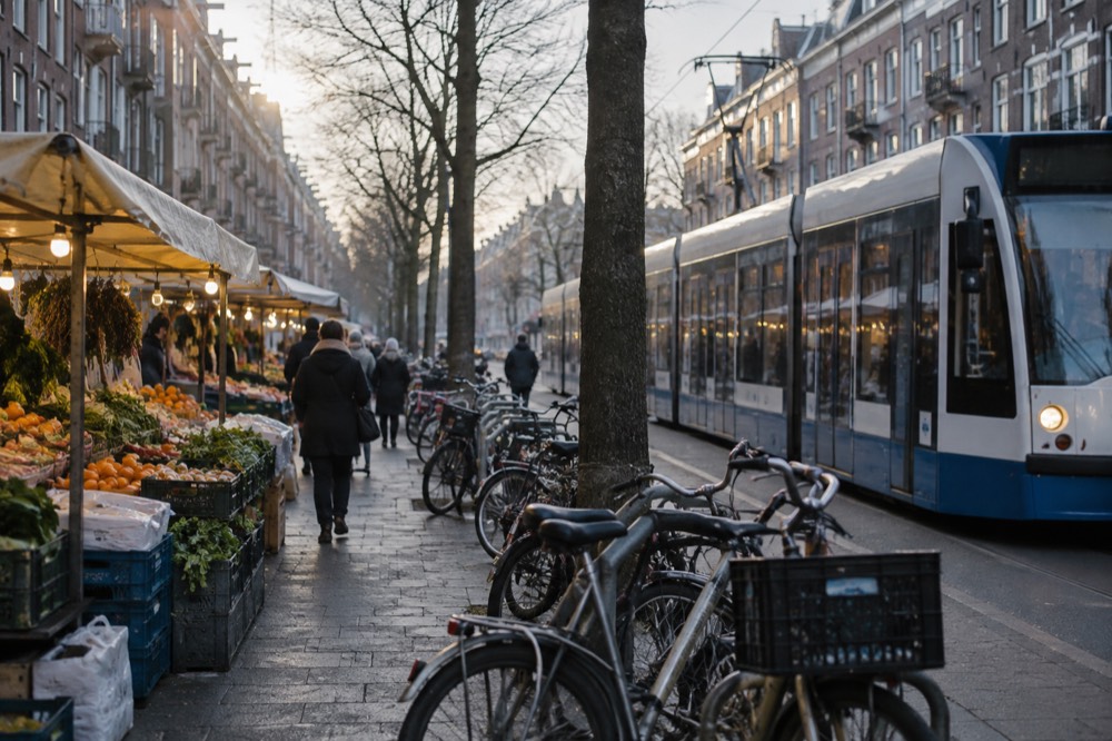 A tram passing market stalls and bicycles on an Amsterdam street in De Pijp