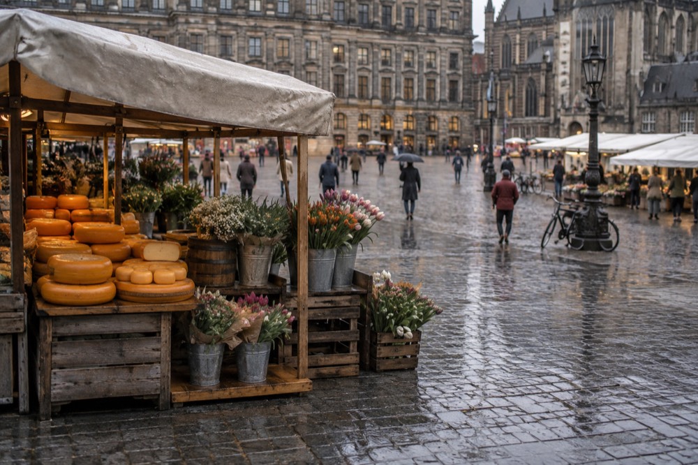 Cheese wheels and flower bouquets stacked on a wooden Amsterdam market stall