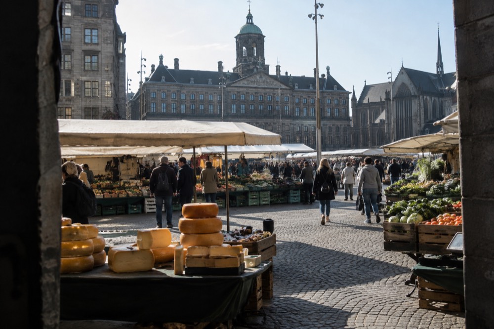 Market stalls with cheese and fresh produce under awnings on a wide city street