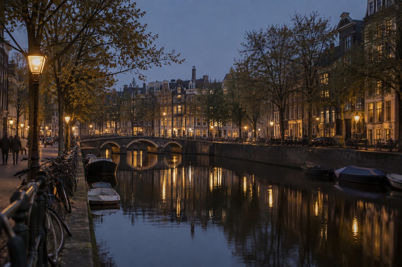 Canal houses and trees reflected in still water along a quiet Amsterdam gracht