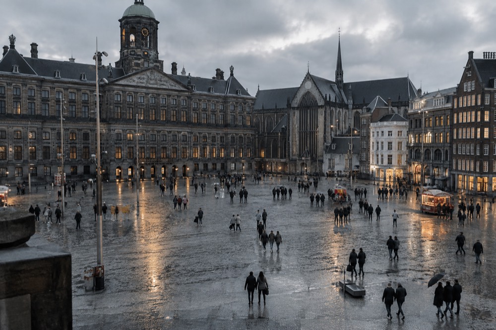 The approach to Dam Square, with bicycles leaning against the railings