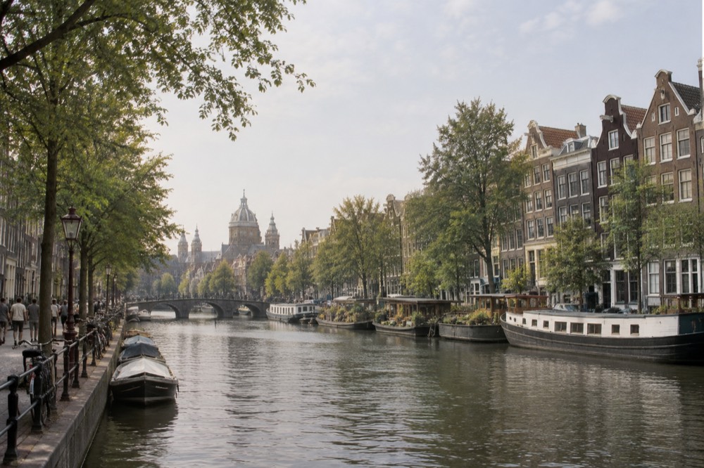A canal in Amsterdam lined with narrow gabled houses and moored boats under a summer sky